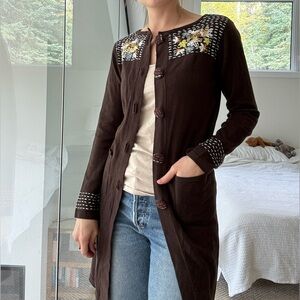 Vintage Brown Floral Embroidered Long line Cardigan xs